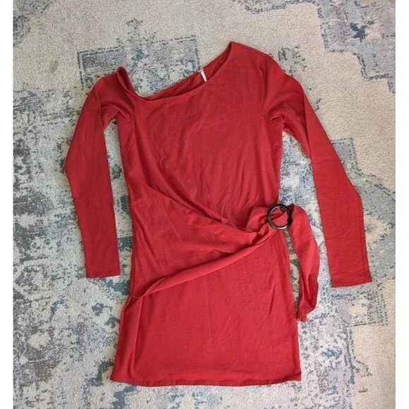 NEW Free People Frankie Asymmetric Dress Long Sleeve Sz Large Burnt Orange NWT - Picture 1 of 10